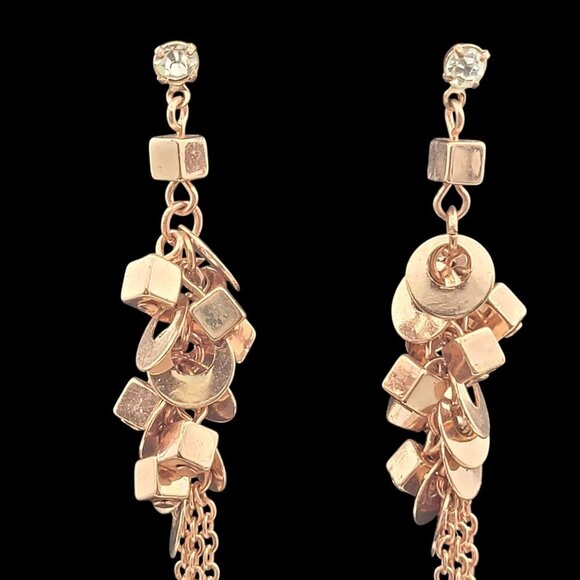 Copper-Tone Dangle Earrings Geometric Clusters Rhinestone Studs & Chain Tassels - Picture 3 of 4